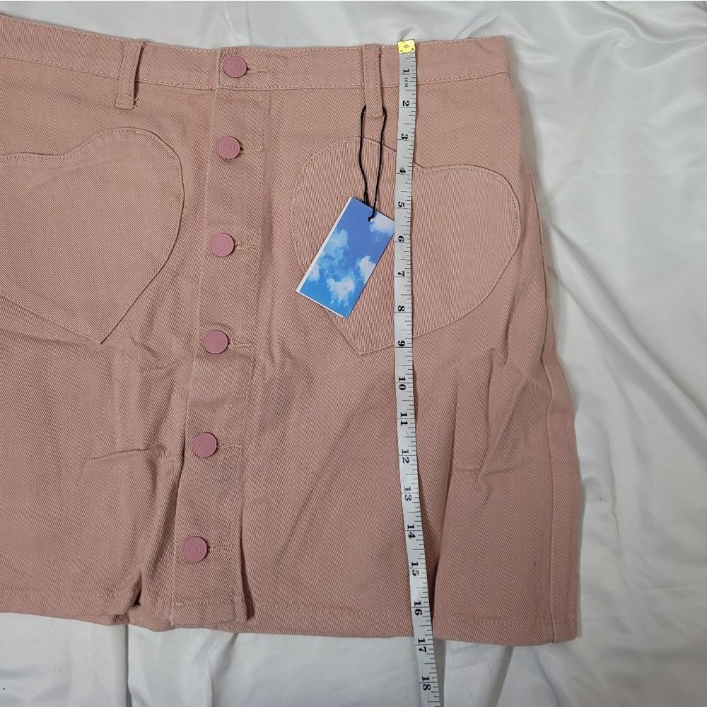 New Cider Pink Heart Pocket Front Button Denim Mini Skirt M — image 8 of 8
